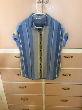 beachlunchlounge Blue and Yellow Striped Short Sleeve Button-Down Shirt